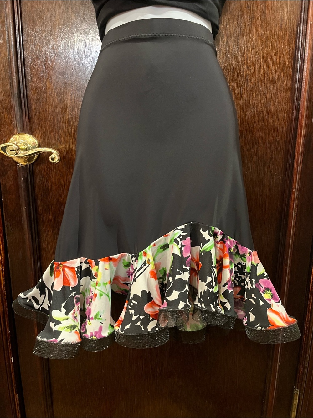 WA Rhythm Practice Dance Skirt Black Circle Skirt with Floral Ruffle Hem